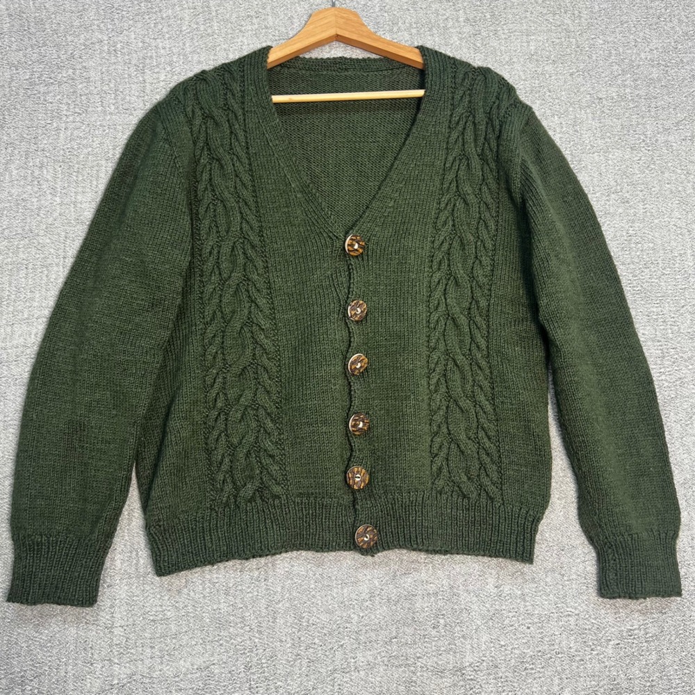 Chunky Cable Knit Cardigan Sweater Women Green Grunge Grandmacore Rustic Earthy